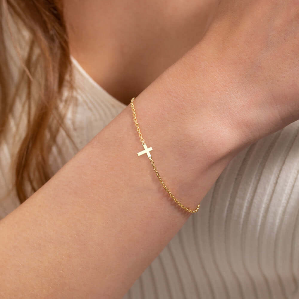 Minimalist Tiny Cross Bracelet in 14K Gold Plated Sterling Silver