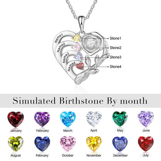 Mother's Day Gift Personalized Rose Heart Necklace with Birthstones and Names