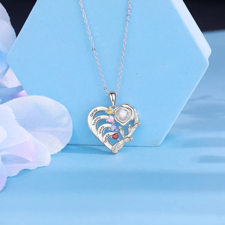 Mother's Day Gift Personalized Rose Heart Necklace with Birthstones and Names