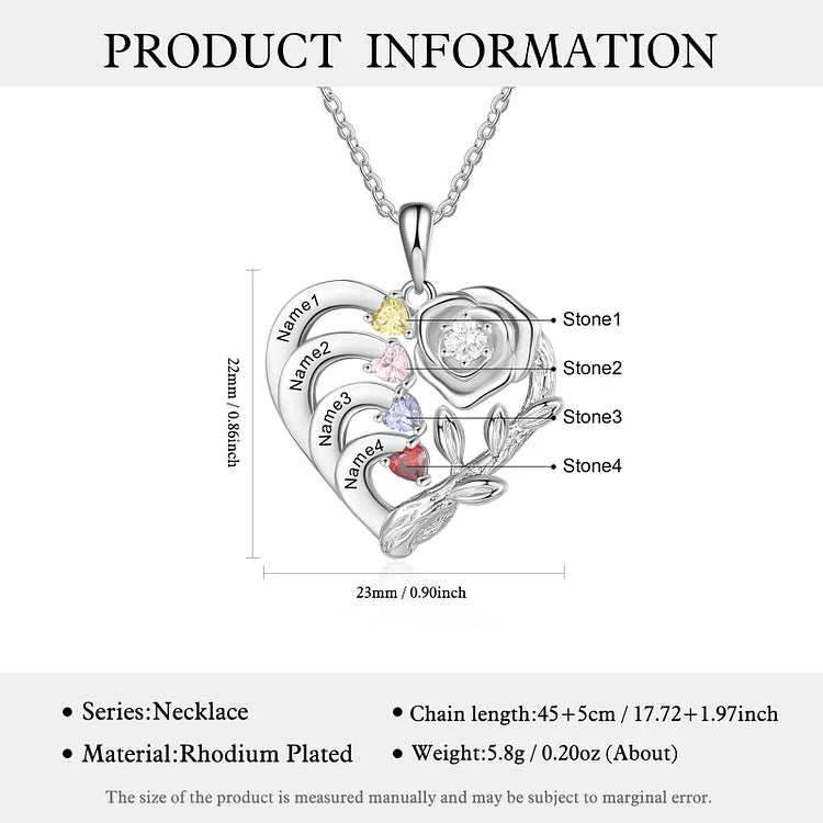 Mother's Day Gift Personalized Rose Heart Necklace with Birthstones and Names