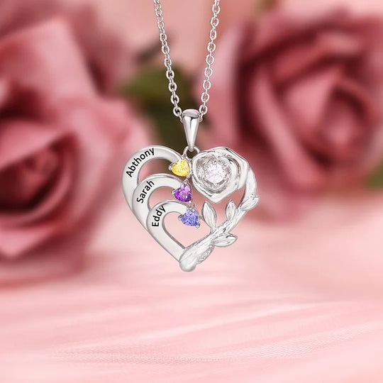 Mother's Day Gift Personalized Rose Heart Necklace with Birthstones and Names