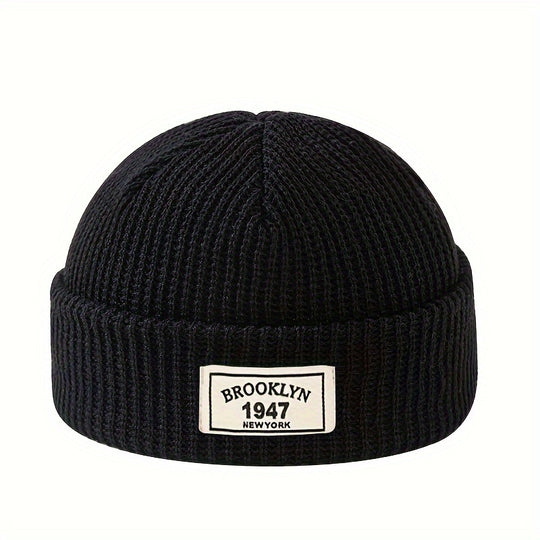 Men's Fashion Knitted Beanie - Warm, Elastic Acrylic Winter Hat with Letter Patch, Ideal for Active Leisure, Holiday Gifts and Valentine's Day