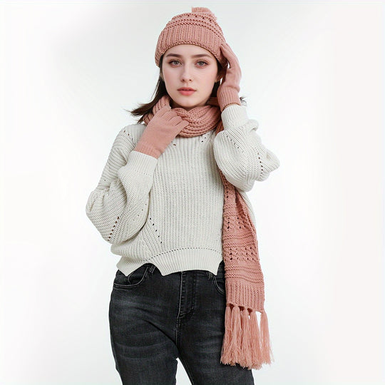 Set of 3 Hat Scarf Gloves Unisex Winter Warm Hat Beanie Long Scarf Touch Screen Gloves Set Acrylic Fleece Lined Skull Caps Neck Scarves Gifts for Winter Christmas