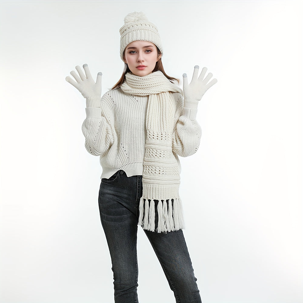 Set of 3 Hat Scarf Gloves Unisex Winter Warm Hat Beanie Long Scarf Touch Screen Gloves Set Acrylic Fleece Lined Skull Caps Neck Scarves Gifts for Winter Christmas