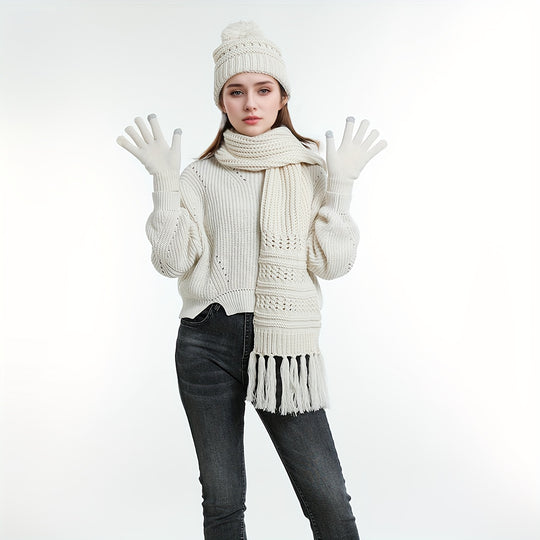 Set of 3 Hat Scarf Gloves Unisex Winter Warm Hat Beanie Long Scarf Touch Screen Gloves Set Acrylic Fleece Lined Skull Caps Neck Scarves Gifts for Winter Christmas