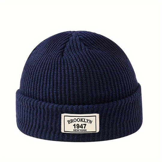 Men's Fashion Knitted Beanie - Warm, Elastic Acrylic Winter Hat with Letter Patch, Ideal for Active Leisure, Holiday Gifts and Valentine's Day