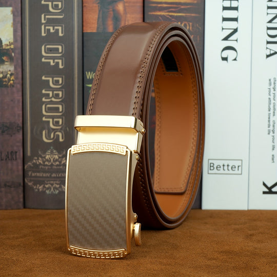 Men' S Second Layer Cowhide, Slide Ratchet Belt - Automatic Buckle, & Brown Two-Tone Design