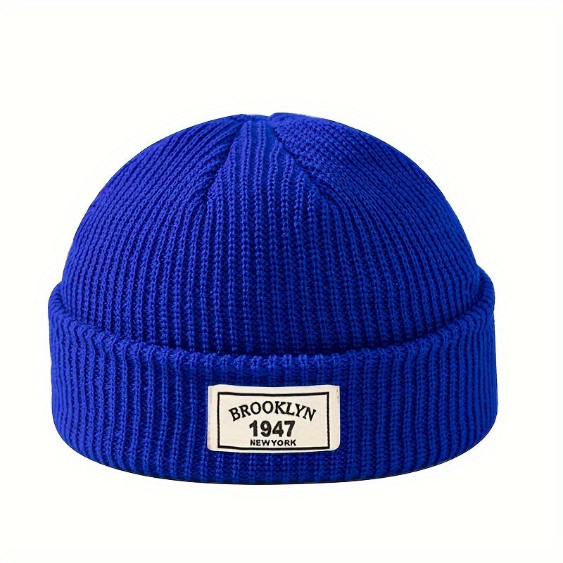 Men's Fashion Knitted Beanie - Warm, Elastic Acrylic Winter Hat with Letter Patch, Ideal for Active Leisure, Holiday Gifts and Valentine's Day