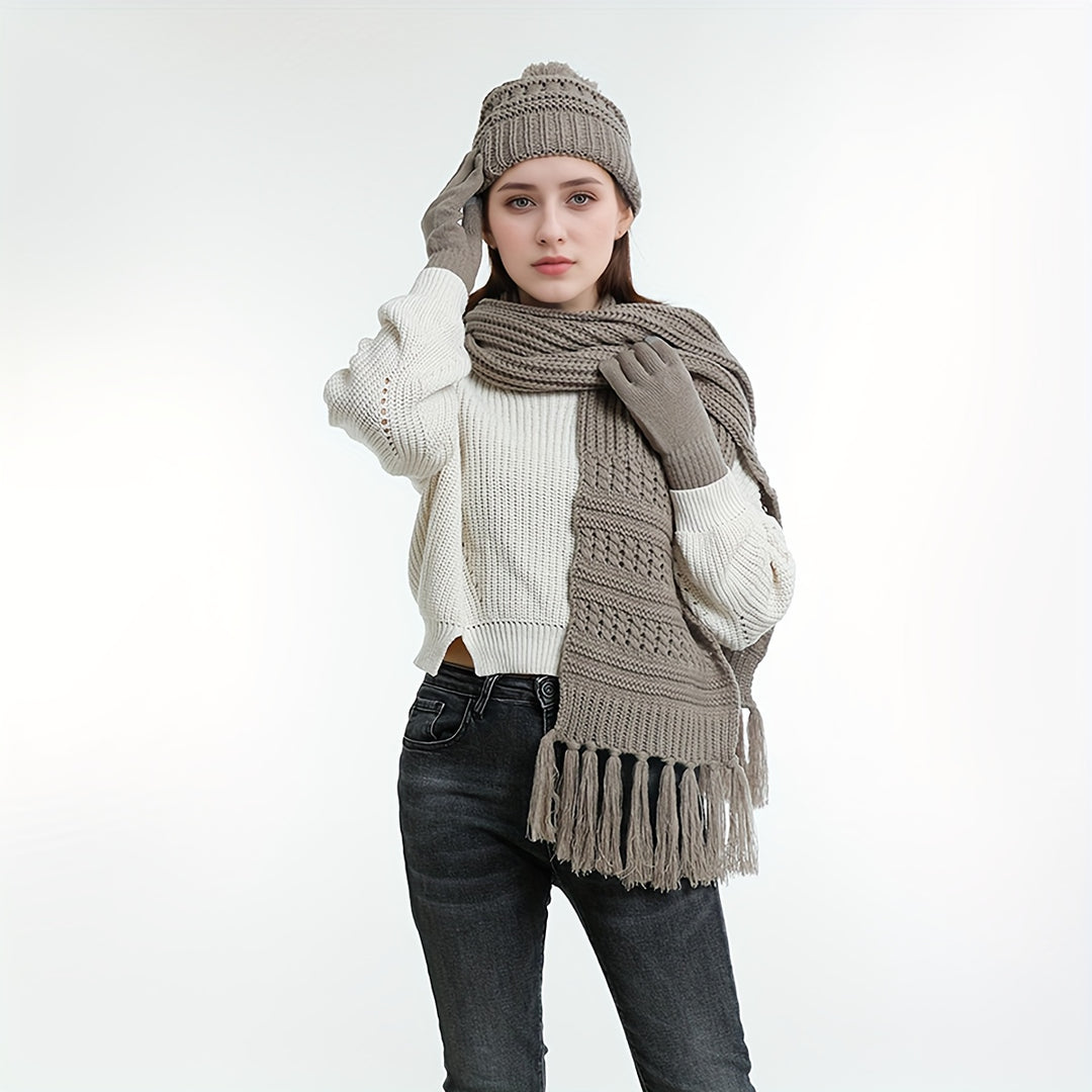 Set of 3 Hat Scarf Gloves Unisex Winter Warm Hat Beanie Long Scarf Touch Screen Gloves Set Acrylic Fleece Lined Skull Caps Neck Scarves Gifts for Winter Christmas