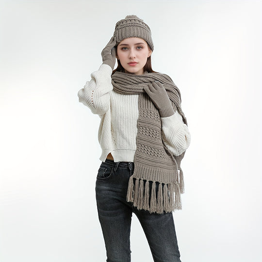 Set of 3 Hat Scarf Gloves Unisex Winter Warm Hat Beanie Long Scarf Touch Screen Gloves Set Acrylic Fleece Lined Skull Caps Neck Scarves Gifts for Winter Christmas