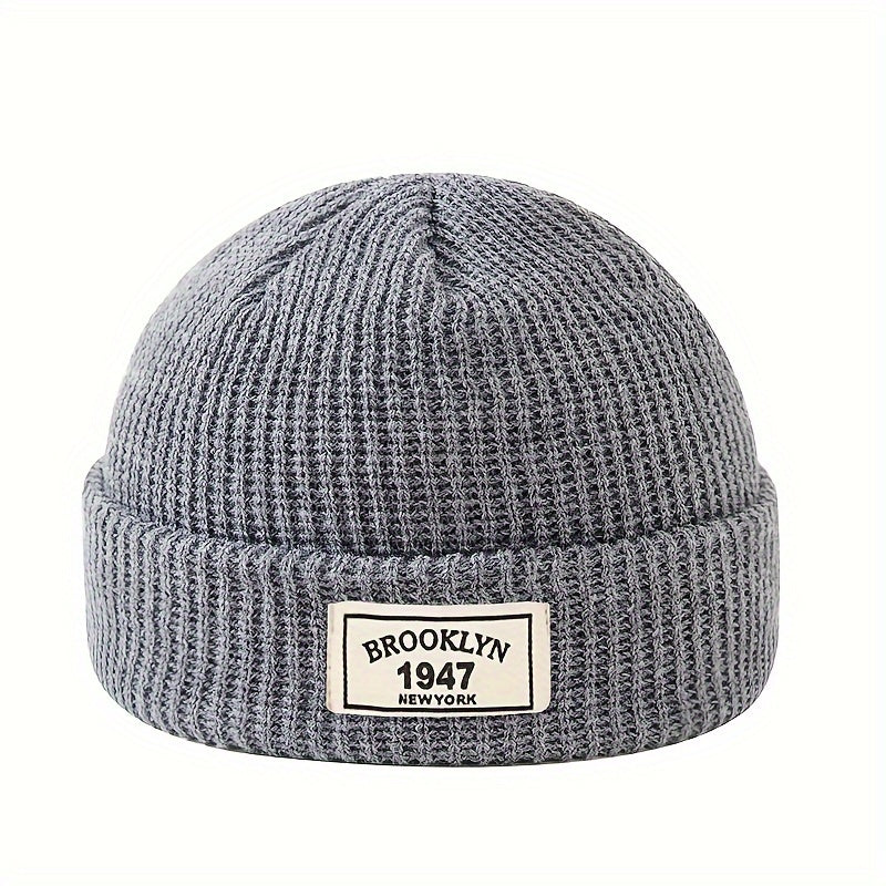 Men's Fashion Knitted Beanie - Warm, Elastic Acrylic Winter Hat with Letter Patch, Ideal for Active Leisure, Holiday Gifts and Valentine's Day