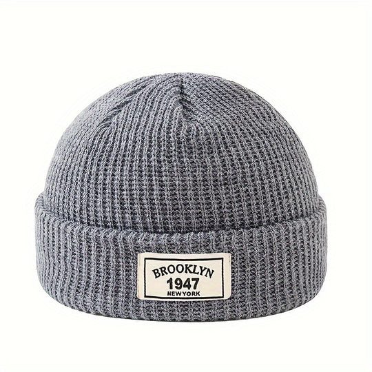 Men's Fashion Knitted Beanie - Warm, Elastic Acrylic Winter Hat with Letter Patch, Ideal for Active Leisure, Holiday Gifts and Valentine's Day