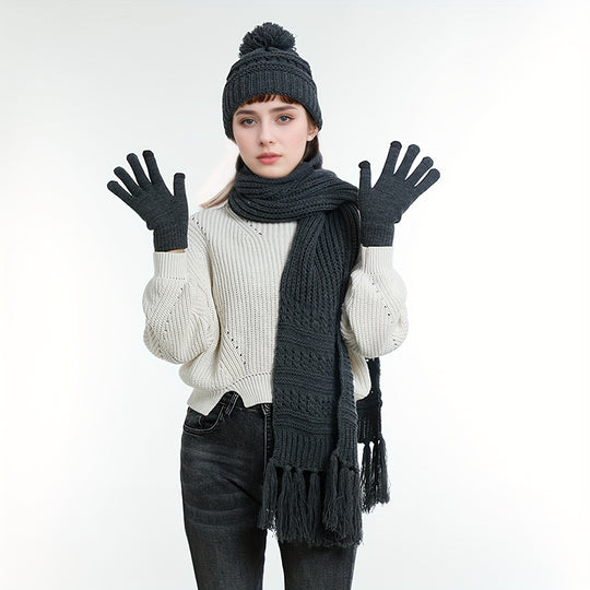 Set of 3 Hat Scarf Gloves Unisex Winter Warm Hat Beanie Long Scarf Touch Screen Gloves Set Acrylic Fleece Lined Skull Caps Neck Scarves Gifts for Winter Christmas