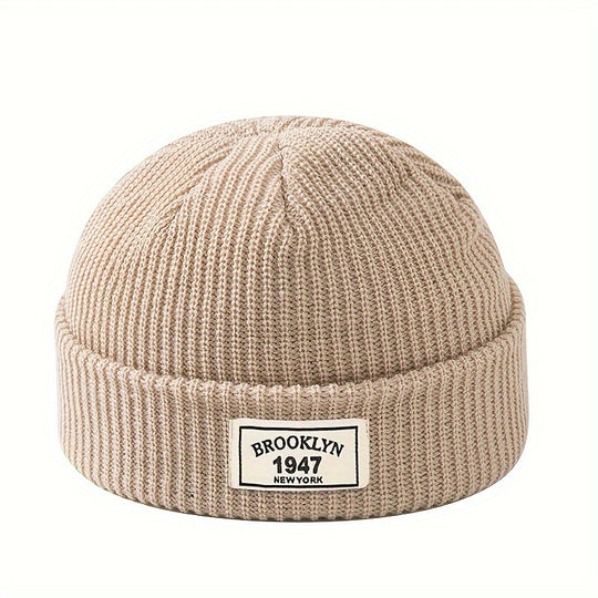 Men's Fashion Knitted Beanie - Warm, Elastic Acrylic Winter Hat with Letter Patch, Ideal for Active Leisure, Holiday Gifts and Valentine's Day
