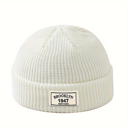 Men's Fashion Knitted Beanie - Warm, Elastic Acrylic Winter Hat with Letter Patch, Ideal for Active Leisure, Holiday Gifts and Valentine's Day