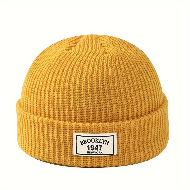 Men's Fashion Knitted Beanie - Warm, Elastic Acrylic Winter Hat with Letter Patch, Ideal for Active Leisure, Holiday Gifts and Valentine's Day