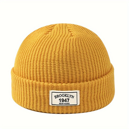 Men's Fashion Knitted Beanie - Warm, Elastic Acrylic Winter Hat with Letter Patch, Ideal for Active Leisure, Holiday Gifts and Valentine's Day