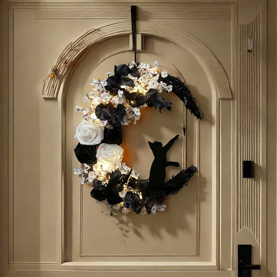 Halloween Cat and Moon Door Wreath with Real Floral Accents, Outdoor Durable