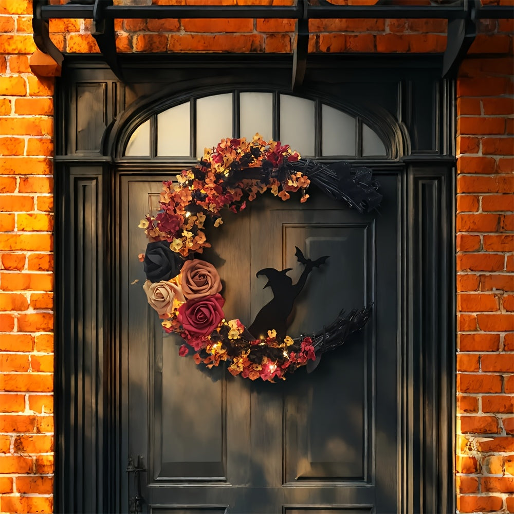 Gothic Halloween Door Wreath with Witch Cat Moon and Autumn Leaves