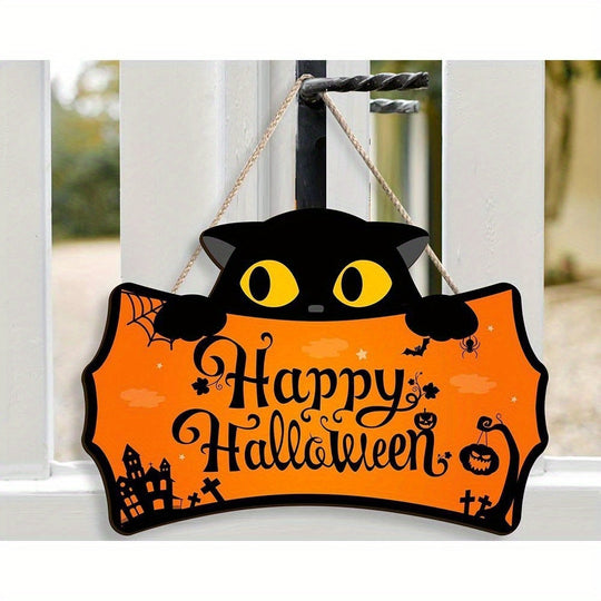 Halloween Wooden Bat Door Hanger with Witch Hat and Black Cat Decor