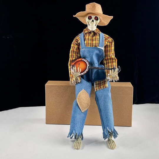 Animated Halloween Skeleton Decor Playing Banjo with Glowing Light