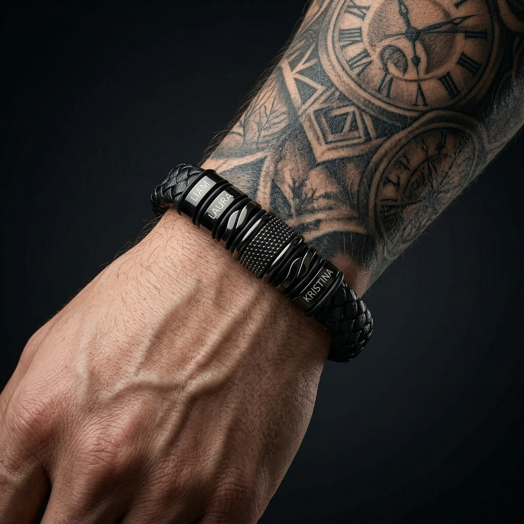 Black Personalized Braided Leather Bracelet for Men