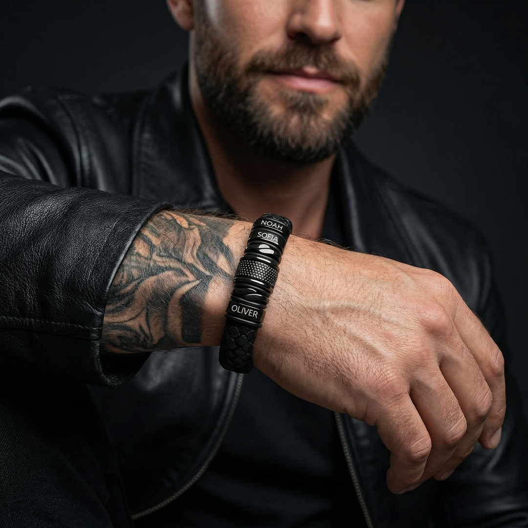 Black Personalized Braided Leather Bracelet for Men
