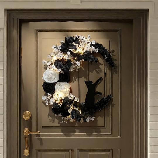 Halloween Cat and Moon Door Wreath with Real Floral Accents, Outdoor Durable