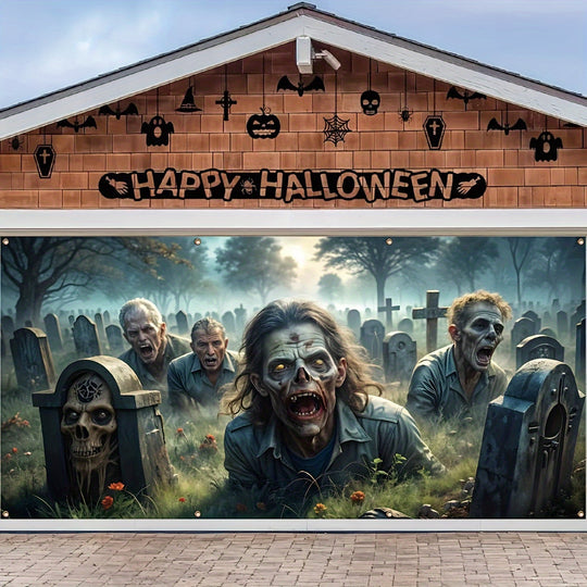 Large Halloween Zombie Graveyard Garage Door Banner Fade-Resistant Polyester