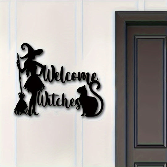 Acrylic Witch and Cat Halloween Welcome Sign – Classic No-Power Door Decor