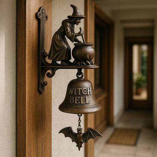Halloween Witch Bell Door Chime with Bat Clapper and Metal Spell Charm