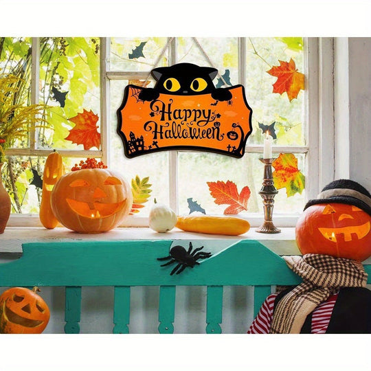 Halloween Wooden Bat Door Hanger with Witch Hat and Black Cat Decor