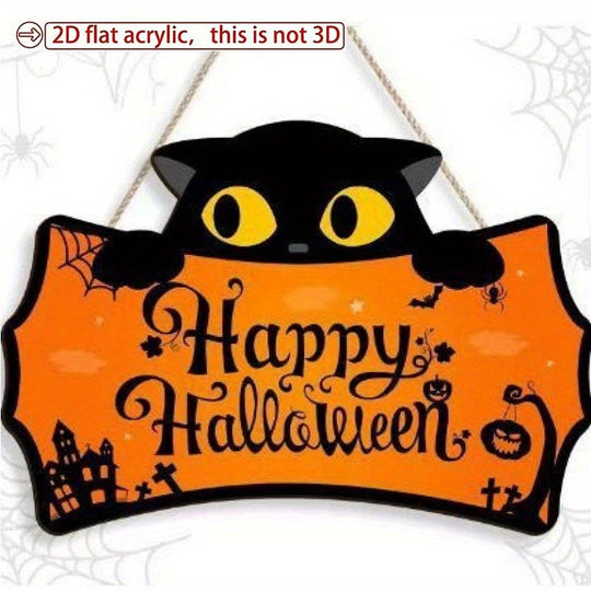 Halloween Wooden Bat Door Hanger with Witch Hat and Black Cat Decor