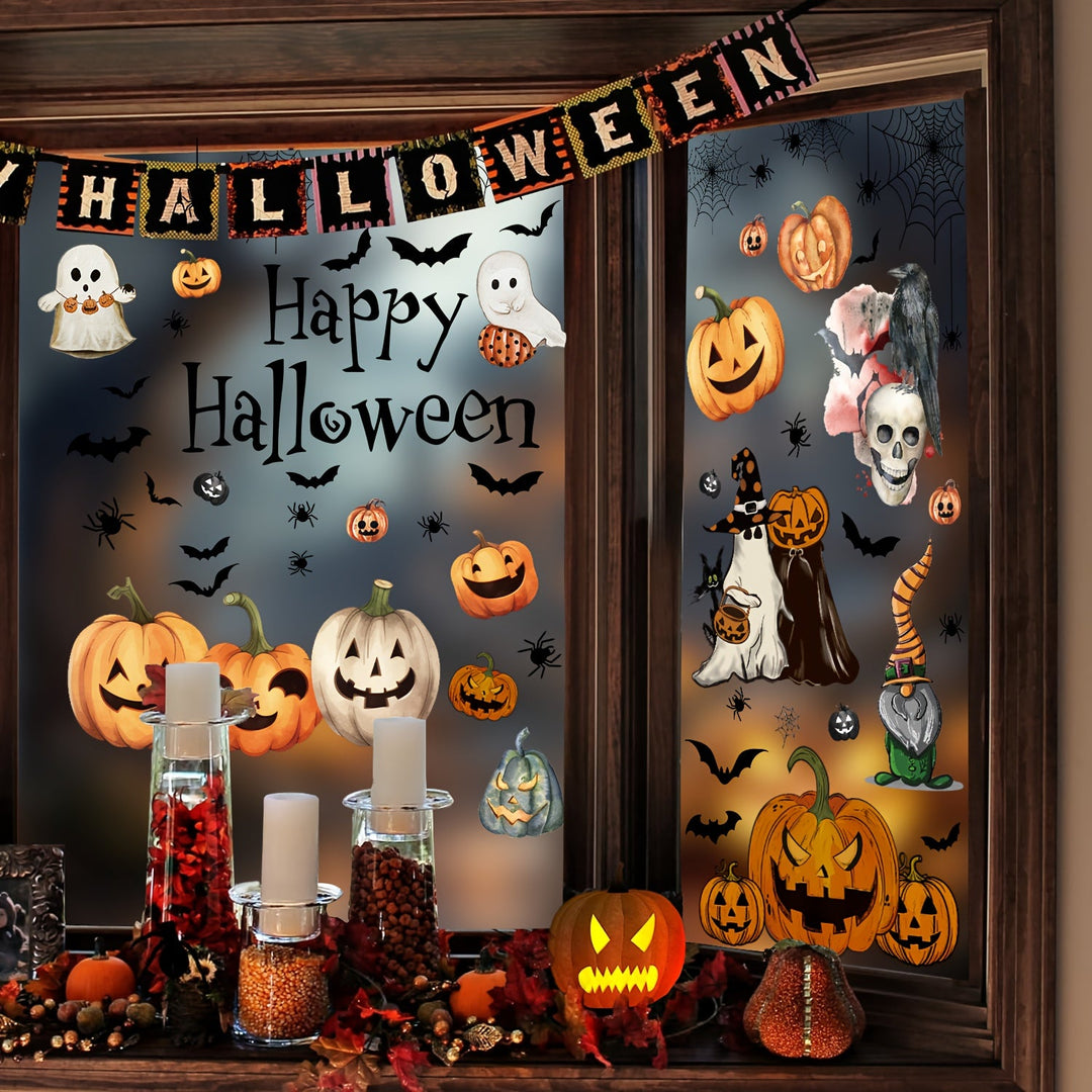102-Piece Reusable Halloween Window Stickers with Pumpkin & Bat Designs