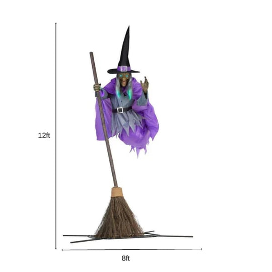 Life-Size Flying Witch Halloween Animatronic with Glowing Eyes and Sounds