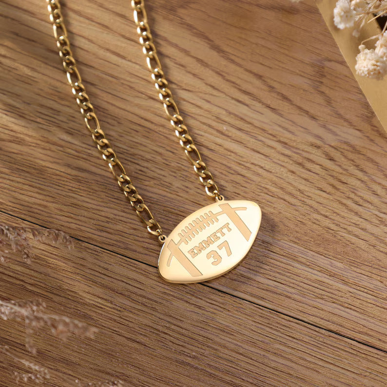 Engraved Football Name Necklace With Jersey Number, Personalized 3D Football Name Necklace, Custom Football Necklace
