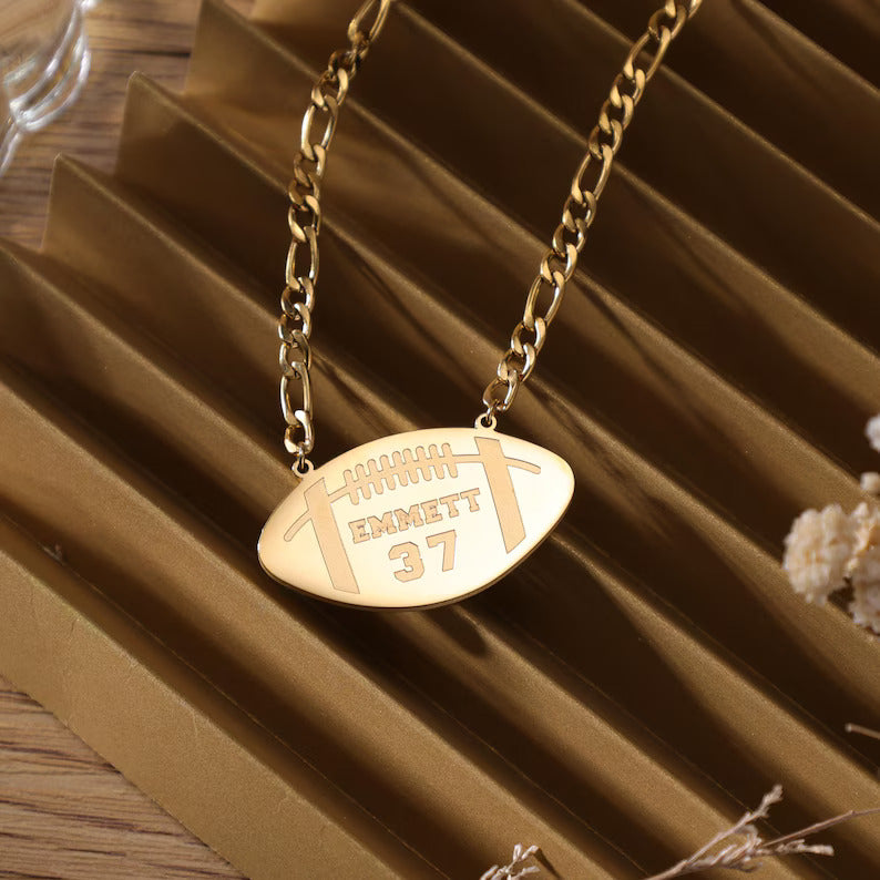 Engraved Football Name Necklace With Jersey Number, Personalized 3D Football Name Necklace, Custom Football Necklace