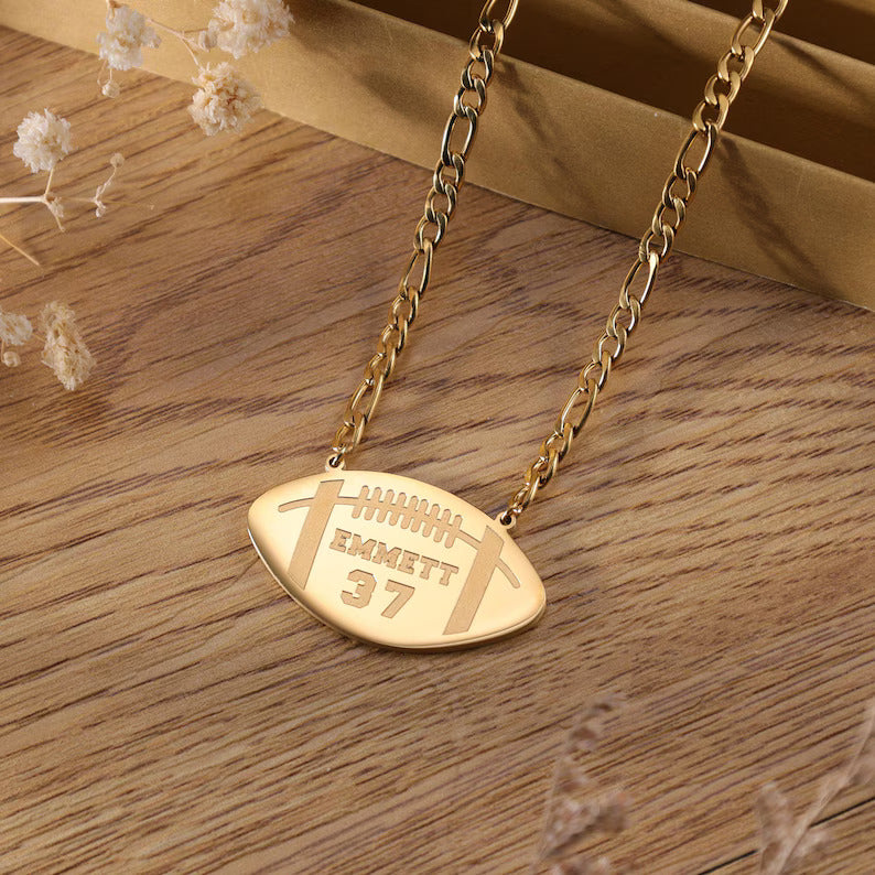 Engraved Football Name Necklace With Jersey Number, Personalized 3D Football Name Necklace, Custom Football Necklace