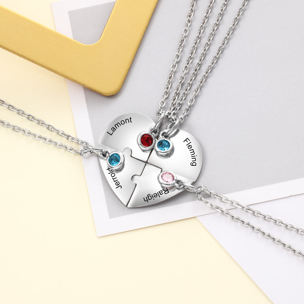 Personalized Heart Puzzle Necklace Custom 4 Birthstones Family Necklace