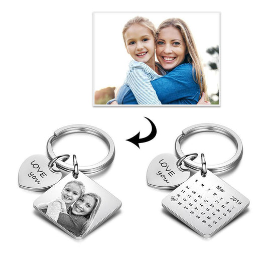 Photo Keychain Personalized with Calendar and Engraved Heart Charm