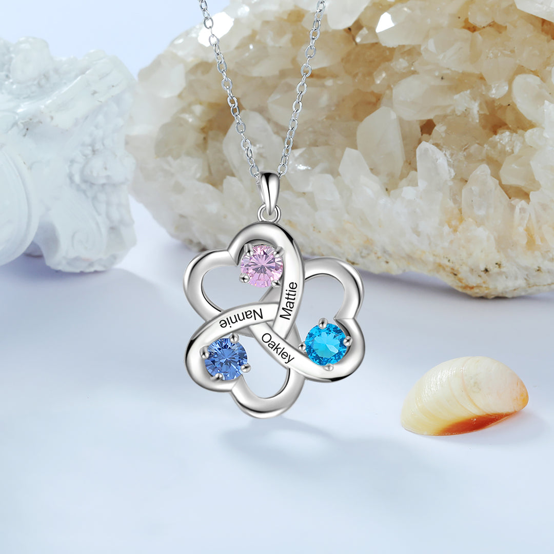 Personalized Interlocking Heart Necklace with 3 Birthstones Family Necklace