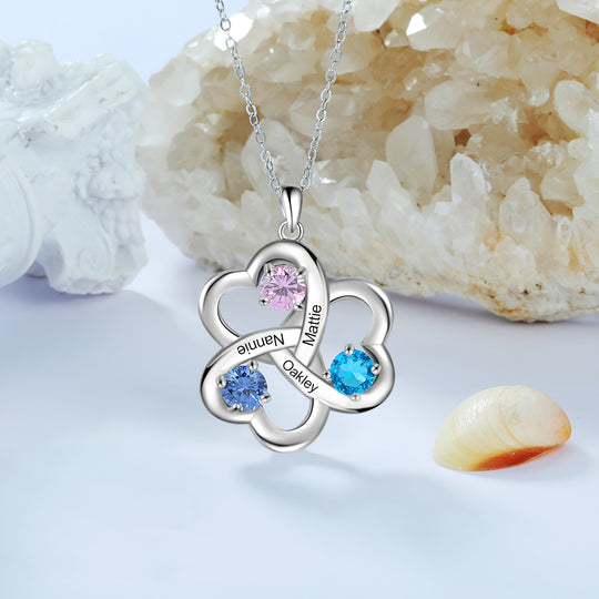 Personalized Interlocking Heart Necklace with 3 Birthstones Family Necklace