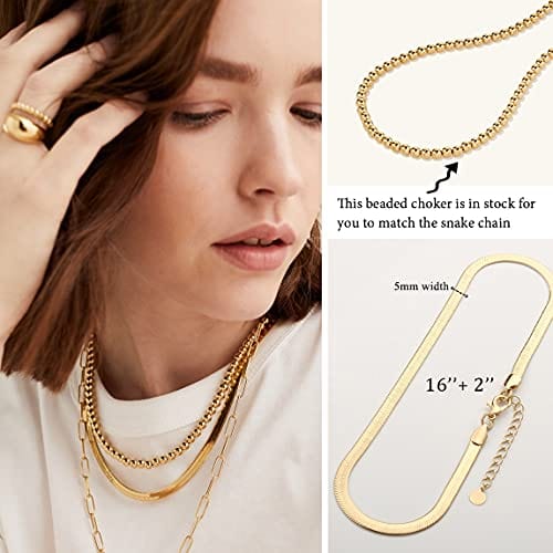 14K Gold / Silver Plated Chain Choker Necklace 5MM Flat Snake Chain Herringbone Necklace Thick Chunky Paperclip Link Necklace Dainty Jewelry Gift for Women Girls 16'' Visit the NUZON Store