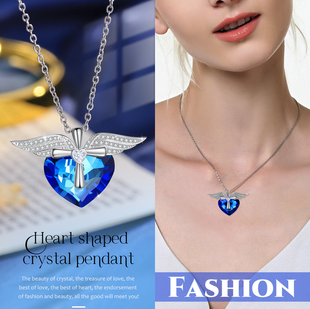 Heart Blue Crystal Necklace Angle Wings Sapphire Necklace for Her