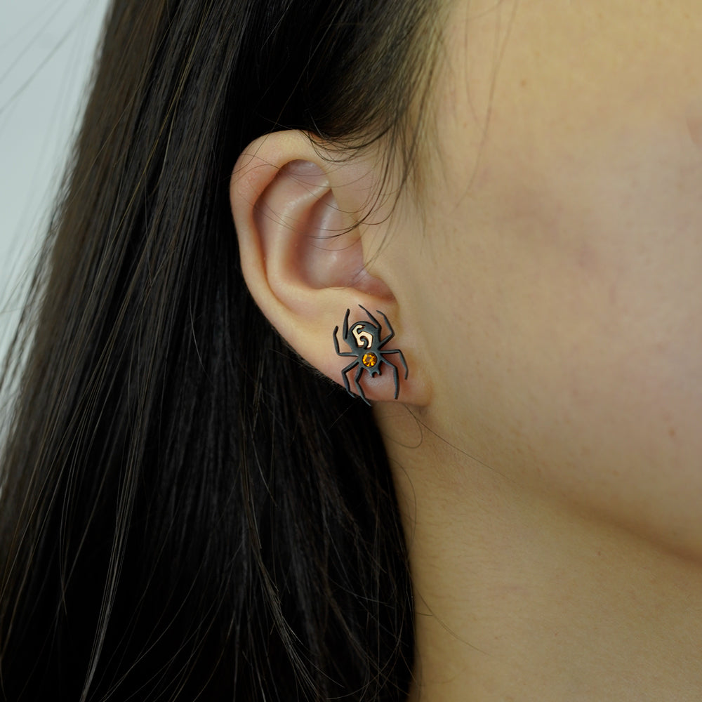 Halloween Spider Earrings with Initial and Birthstone Stud