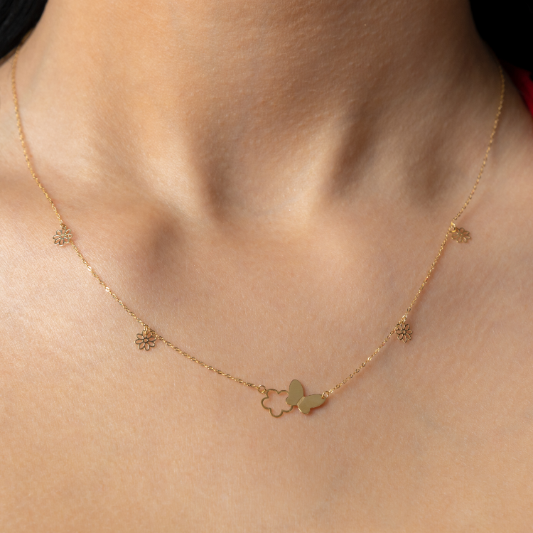 Real Gold Butterfly & Flower Necklace N1088 - 18K Gold Jewelry