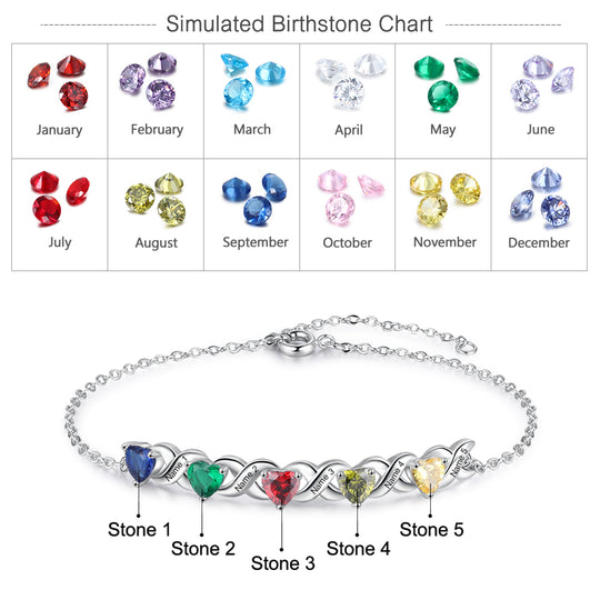 Mother's Day Gift Family Custom Bracelet Heart Personalized with Birthstones