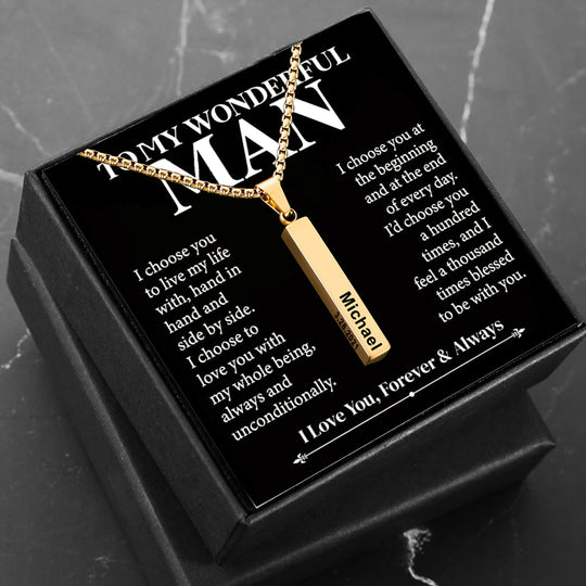 To My Wonderful Man Vertical Bar Necklace Personalized 4 Side 3D Bar Necklace