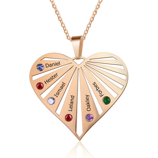 Heart Birthstone Necklace Grandma Necklace with 6 Stones Engraved 6 Names Mom Necklace in Gold