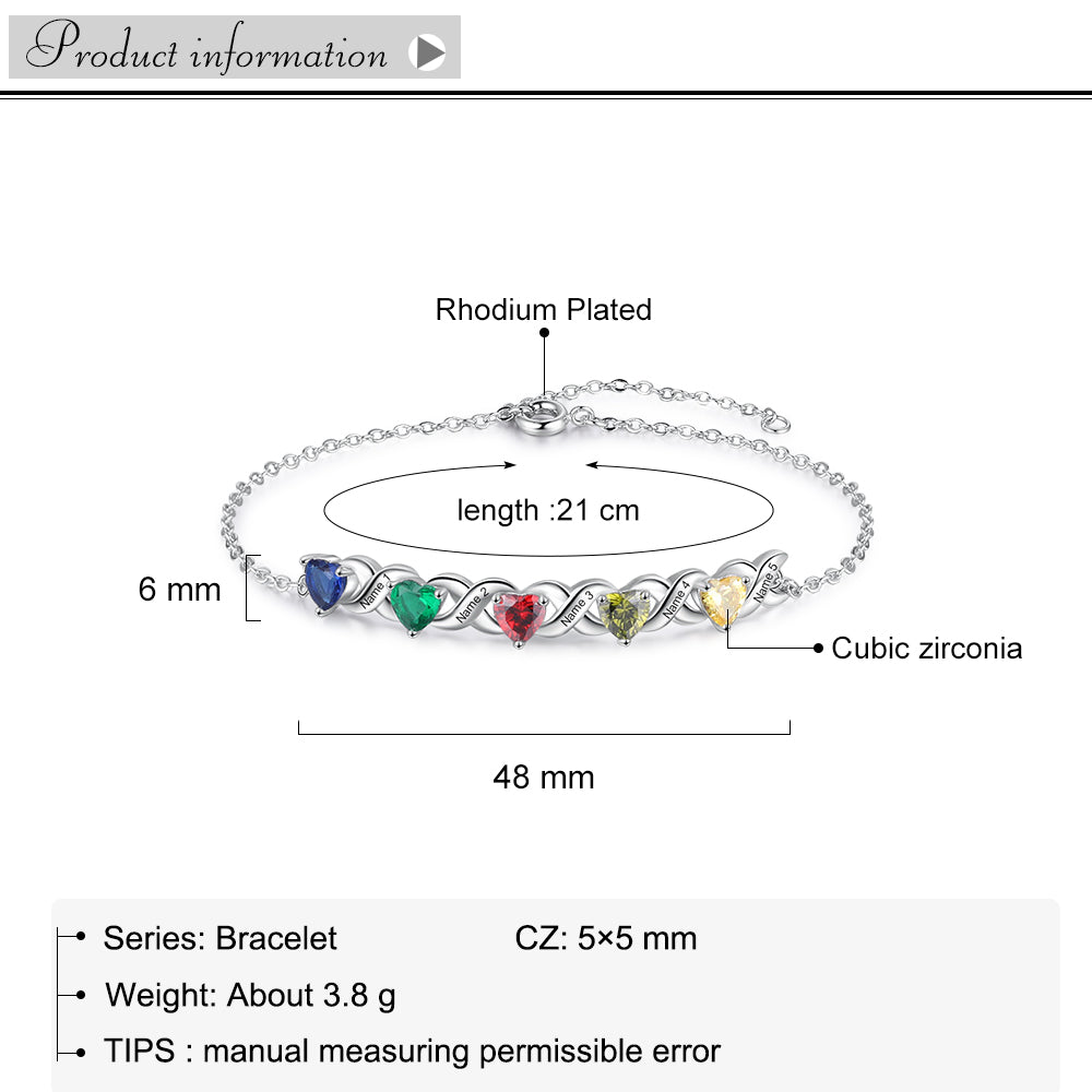 Mother's Day Gift Family Custom Bracelet Heart Personalized with Birthstones